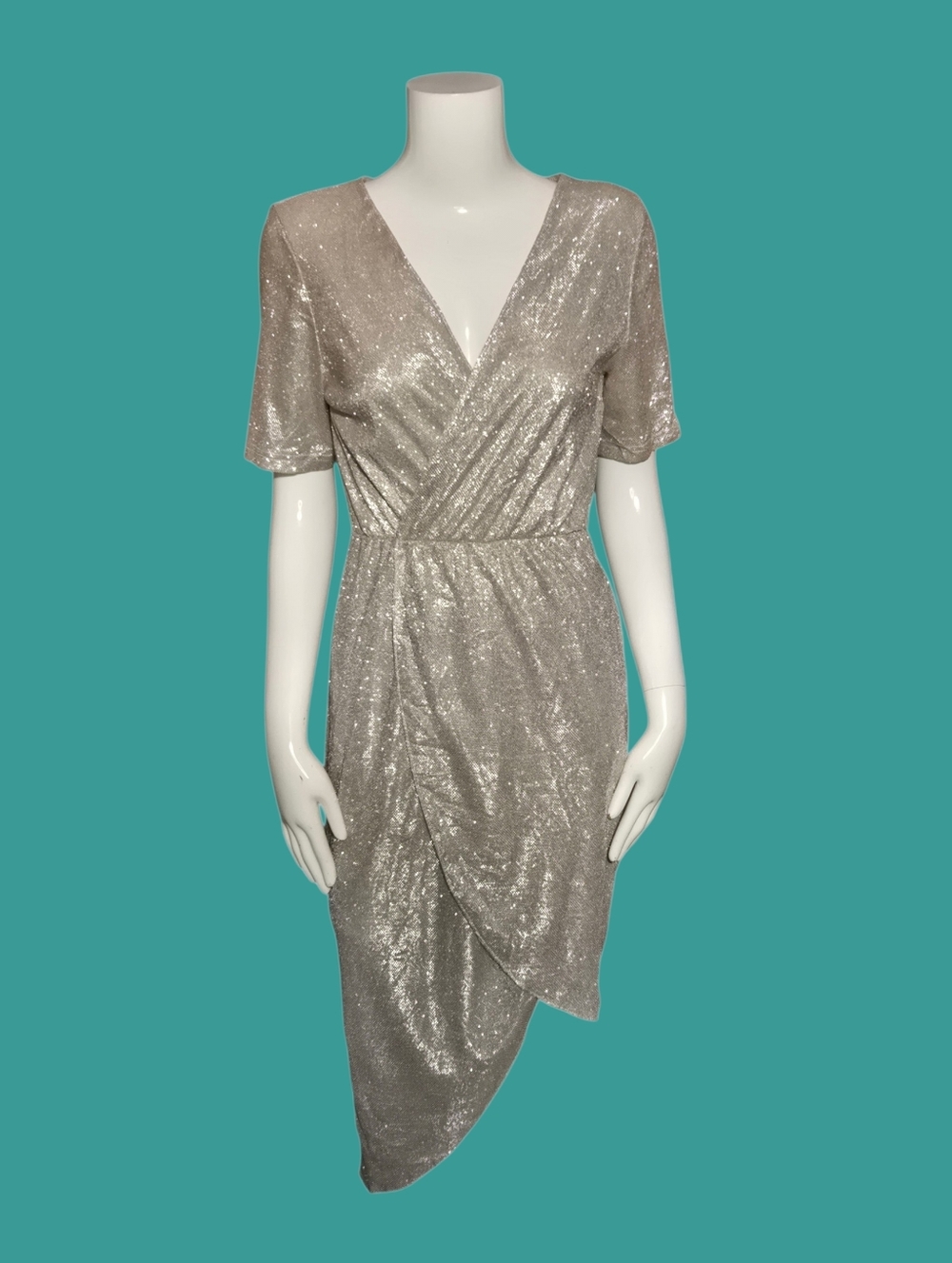 Silver Sequin Wrap Midi Dress - Elegant Evening Dress